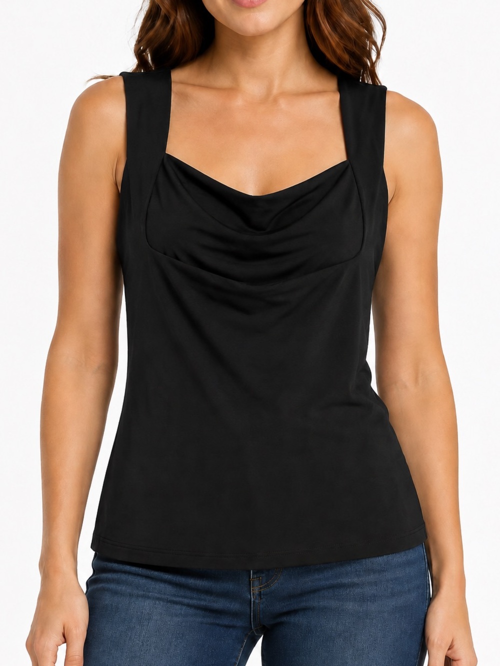 Women's Black Draped Neck Tank Top